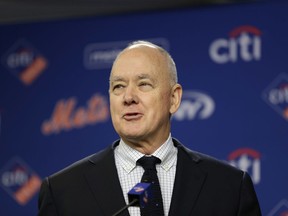 FILE - In this Wednesday, Jan. 17, 2018 file photo, New York Mets' general manager Sandy Alderson speaks at a news conference at Citi Field in New York. Mets general manager Sandy Alderson is taking a leave of absence because his cancer has returned. The 70-year-old made the announcement before the game against Pittsburgh, Tuesday, June 26, 2018.