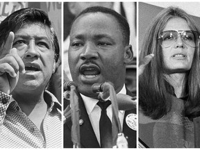This combination of 1963-1979 photos shows, from left, Cesar Chavez, The Rev. Martin Luther King Jr. and Gloria Steinem.  The protest marches that have filled the nation's streets since the election of Donald Trump rely on multiple voices, a change from the heyday of '60s social activism where there often was one famous face connected to a cause. The era of Martin Luther King and Cesar Chavez, both charismatic leaders, has given way to many people speaking out in rallies for women, immigrant rights, gun control. Social media has also made it easier to organize protests without a big name at the center. (AP Photo, File)