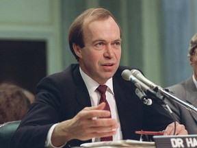 FILE - In this May 9, 1989 file photo, Dr. James Hansen, director of NASA's Goddard Institute for Space Studies in New York, testifies before a Senate Transportation subcommittee on Capitol Hill in Washington, D.C., a year after his history-making testimony telling the world that global warming was here and would get worse.