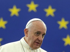 FILE - In this Nov. 25, 2014, file photo, Pope Francis addresses the European Parliament in Strasbourg, eastern France. The pope has not ordered white women to "breed with Muslims," despite reports circulating online from at least two outlets.
