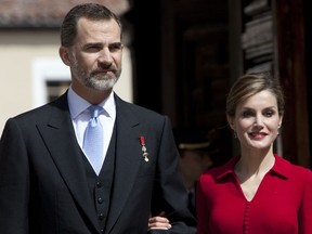 FILE - In this April 23, 2015 file photo, Spain's King Felipe VI and Queen Letizia arrive at the Cervantes Prize award ceremony at the University of Alcala de Henares, Spain. The king and queen of Spain are coming to New Orleans as part of the city's tricentennial celebration. King Felipe VI and Queen Letizia are scheduled to arrive Thursday night, June 14, 2018, in Louisiana, which was a Spanish colony from 1763 to 1802.