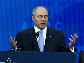 FILE - In this March 6, 2018 file photo, House Republican Whip Steve Scalise speaks at the 2018 American Israel Public Affairs Committee (AIPAC) policy conference in Washington. Scalise, the Louisiana Republican who was shot and nearly killed during a Congressional baseball practice, apparently has a memoir coming this fall. The 304-page book is called "Back in the Game," according to listings on Amazon.com and the web site for the publisher Center Street. The release date is Nov. 13.