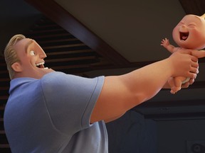 This image released by Disney Pixar shows characters Bob/Mr. Incredible, voiced by Craig T. Nelson, left, and Jack Jack in "Incredibles 2."