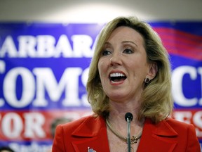 FILE - In this Nov. 4, 2014 file photo Rep. Barbara Comstock, R-Va. speaks in Ashburn, Va. Comstock won the GOP primary in her northern Virginia district Tuesday, June 12, 2018, fending off a challenge on her right from Air Force veteran Shak Hill.