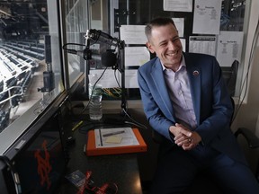 New York Mets public address announcer Colin Cosell answers questions during an interview, Saturday, June 2, 2018, at Citi Field in New York. Cosell is starting his first day as the Mets' PA announcer and is the grandson of famed sportscaster Howard Cosell. He will be splitting the duties with Marysol Castro.