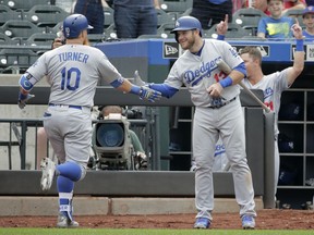 Los Angeles Dodgers' Justin Turner, left, is greeted by Max Muncy after hitting a solo home run during the 11th inning of a baseball game against the New York Mets at Citi Field, Sunday, June 24, 2018, in New York.