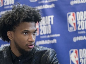 Duke's Marvin Bagley III speaks to reporters during a media availability with the top basketball prospects in the NBA Draft, Wednesday, June 20, 2018, in New York.