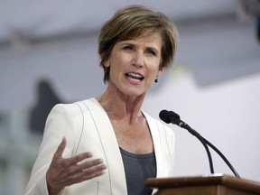File-This May 24, 2017, fiule photo shows former U.S. Deputy Attorney General Sally Yates delivering an address at Harvard Law School Class Day 2017, at Harvard University, in Cambridge, Mass. Yates will lead an independent investigation into a report that Minneapolis police officers have repeatedly asked medical responders to sedate people with the powerful tranquilizer ketamine. Mayor Jacob Frey and Police Chief Medaria Arradondo announced Yates' appointment Friday, June 22, 2018.