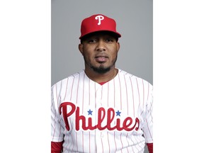 This 2018 photo shows Fernando Abad of the Philadelphia Phillies baseball team. Abad, an eight-year major league veteran who ended last season with Boston, has been suspended 80 games under baseball's minor league drug program following a positive test for the steroid Stanozolol. The suspension of the 32-year-old left-hander was announced Thursday by the commissioner's office.