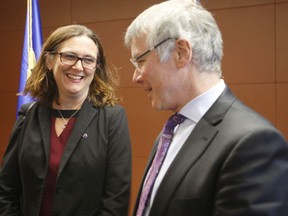 European Union Trade Commissioner Cecilia Malmstrom, left, meets with New Zealand Trade Minister David Parker in Wellington, New Zealand Thursday, June 21, 2018. Malmstrom said it has targeted some iconic American imports like Harley-Davidson motorbikes and bourbon for tariffs in hopes that it will "make noise" in the trade debate and put pressure on U.S. leaders.