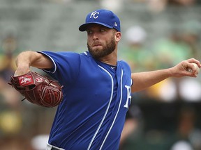 Kansas City Royals pitcher Danny Duffy works against the Oakland Athletics in the first inning of a baseball game Saturday, June 9, 2018, in Oakland, Calif.