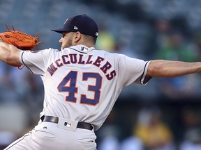 Houston Astros pitcher Lance McCullers Jr. works against the Oakland Athletics during the first inning of a baseball game Tuesday, June 12, 2018, in Oakland, Calif.