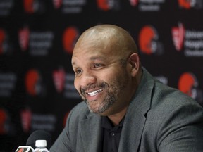 FILE - In this March 15, 2018, file photo, Cleveland Browns head coach Hue Jackson speaks at an NFL football press conference in Berea, Ohio. Jackson's ready to take his dip for the Browns' sunken season. Cleveland's coach will jump into Lake Erie on Friday, June 1, 2018, fulfilling the promise he made last year as the Browns were stumbling to just the second 0-16 record in NFL history.