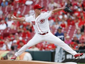 Cincinnati Reds starting pitcher Anthony DeSclafani throws during the first inning of the team's baseball game against the Milwaukee Brewers, Thursday, June 28, 2018, in Cincinnati.