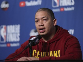 Cleveland Cavaliers head coach Tyronn Lue takes questions at a press conference after the basketball team's practiced during the NBA Finals, Thursday, June 7, 2018, in Cleveland. The Warriors lead the series 3-0 with Game 4 on Friday.