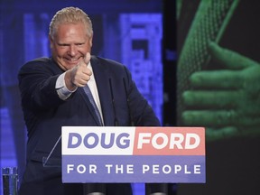 Ontario PC leader Doug Ford reacts after winning the Ontario Provincial election to become the new premier in Toronto, on Thursday, June 7, 2018.