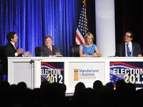 FILE - In this June 27, 2012 file photo, from left, moderator Chris Wallace kicks off a discussion with panelists Dick Morris, Laura Ingraham and Charles Krauthammer at the Manufacturer & Business Association's 107th annual event at the Bayfront Convention Center in Erie, Pa. The conservative writer and pundit Krauthammer has died. His death was announced Thursday, June 21, 2018, by two media organizations that employed him, Fox News Channel and The Washington Post. He was 68.