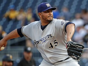 Milwaukee Brewers starting pitcher Jhoulys Chacin delivers in the second inning of a baseball game against the Pittsburgh Pirates in Pittsburgh, Monday, June 18, 2018.