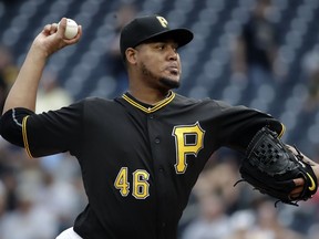 Pittsburgh Pirates starting pitcher Ivan Nova delivers during the first inning of the team's baseball game against the Arizona Diamondbacks in Pittsburgh, Friday, June 22, 2018.