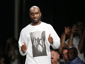 U.S fashion designer Virgil Abloh thumbs up after the presentation of Off-White Men's Spring-Summer 2019 collection presented in Paris, Wednesday June 20, 2018.