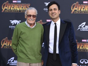 Stan Lee, left, and Keya Morgan arrive at the world premiere of "Avengers: Infinity War" in Los Angeles.