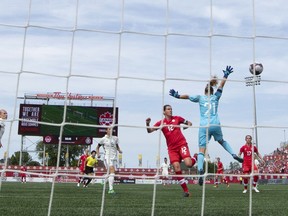 Canada's Christine Sinclair watches the ball goes past Germany's Carina Schluter during the second half of women's soccer action at Tim Hortons Field in Hamilton, Ont. on Sunday, June 10, 2018.