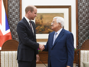 Prince William meets Palestinian Authority President Mahmoud Abbas during his official tour of Jordan, Israel and the Palestinian Territories on June 27, 2018 in Ramallah, West Bank.
