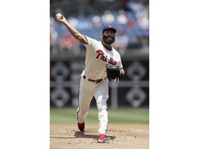 Philadelphia Phillies' Jake Arrieta pitches during the first inning of a baseball game against the St. Louis Cardinals, Wednesday, June 20, 2018, in Philadelphia.
