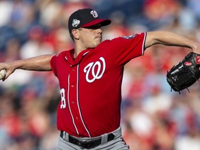 Washington Nationals starting pitcher Jeremy Hellickson (58) throws during the first inning of a baseball game against the Philadelphia Phillies, Saturday, June 30, 2018, in Philadelphia.