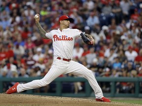 Philadelphia Phillies' Vince Velasquez pitches during the fourth inning of a baseball game against the New York Yankees, Monday, June 25, 2018, in Philadelphia.