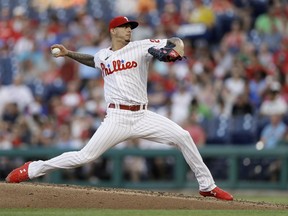 Philadelphia Phillies' Vince Velasquez pitches during the third inning of a baseball game against the St. Louis Cardinals, Tuesday, June 19, 2018, in Philadelphia.