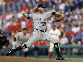 Colorado Rockies' Jon Gray pitches during the third inning of the team's baseball game against the Philadelphia Phillies, Tuesday, June 12, 2018, in Philadelphia.