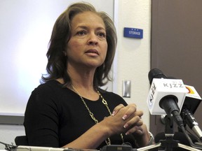 Connie Jones speaks about her ex-husband, Dwight Lamon Jones, at a news conference Tuesday, June 12, 2018, in Flagstaff, Ariz. Authorities say Dwight Jones is responsible for the recent deaths of six people in metro Phoenix. Dwight Jones killed himself as police were closing in on him at an extended-stay hotel in Scottsdale.