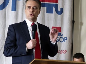 Kansas Gov. Jeff Colyer makes a point during a Republican gubernatorial primary debate, Saturday, June 23, 2018, in Salina, Kan. Colyer is battling Kansas Secretary of State Kris Kobach and has stepped up his attacks on Kobach's conservative credentials.