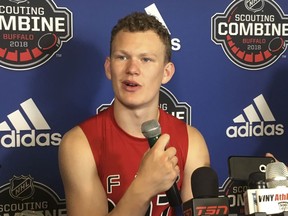Boston University forward Brady Tkachuk meets with reporters after participating in the testing portion of the NHL pre-draft scouting combine in Buffalo, N.Y.,  on Saturday, June 2, 2018.   Tkachuk is ranked second among North American prospects by the NHL's central scouting department. His father Keith spent 19 seasons playing in the NHL and also has a brother, Matthew Tkachuk, who completed his second season with the Calgary Flames.