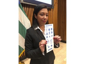 New York Police Department Sgt. Andrea Cruz holds a card, Wednesday, June 13, 2018, at One Police Plaza in New York, that is being sent during the week to nearly 12,000 deaf and hard of hearing motorists to keep in their cars. Cruz created the card, featuring symbols that drivers and officers can point at, in an effort to improve communication during traffic stops.