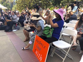 Opponents of a California bill to declare gay conversion therapy a fraudulent practice gather at a rally outside the Capitol as the Senate holds a hearing on the matter inside in Sacramento, Calif., Tuesday, June 12, 2018. Opponents said Tuesday the legislation could infringe on their religious freedom.