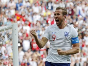 England's Harry Kane celebrates after he scored his side's second goal against Panama on Sunday.