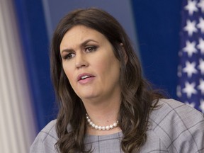 Sarah Huckabee Sanders, White House press secretary, speaks during a White House press briefing in Washington on Oct. 6, 2017.