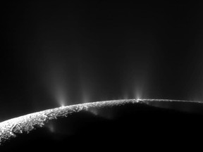 A dramatic plume sprays water ice and vapor from the south polar region of Saturn's moon Enceladus.