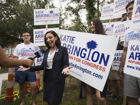 South Carolina Rep.Katie Arrington, who is running for the first district of South Carolina, campaigns after voting for herself in the primary election on Tuesday, June 12, 2018 at Bethany United Methodist Church in Summerville.