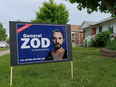 Kevin Proulx placed this General Zod election sign on his front lawn.