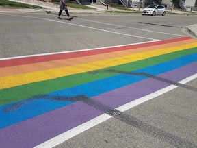 The vandalized rainbow crosswalk in Regina was painted just the day before by students at École Harbour Landing.