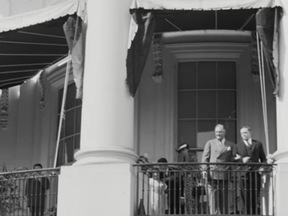 A screenshot of a newly discovered video showing Franklin D. Roosevelt walking.