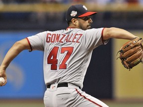 Washington Nationals starter Gio Gonzalez pitches against the Tampa Bay Rays during the first inning of a baseball game Monday, June 25, 2018, in St. Petersburg, Fla.