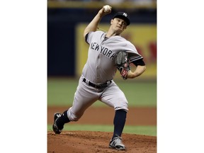 New York Yankees' Sonny Gray pitches to the Tampa Bay Rays during the first inning of a baseball game Saturday, June 23, 2018, in St. Petersburg, Fla.