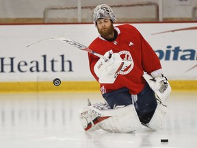 Washington Capitals goaltender Braden Holtby during practice in Arlington, Va., Friday, June 1, 2018. Game 3 of the Stanley Cup final is scheduled for Saturday.