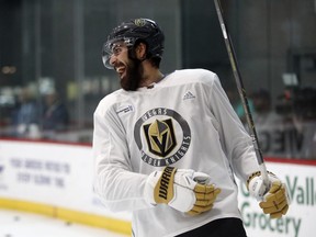 Vegas Golden Knights right wing Alex Tuch laughs during practice Tuesday, May 29, 2018, in Las Vegas.