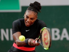 Serena Williams plays a backhand return to Julia Goerges at the French Open on June 2.