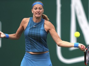 Czech Republic's Petra Kvitova plays a shot during her tennis match against Australia's Daria Gavrilova during day four of the Nature Valley Classic at Edgbaston Priory, Birmingham, England, Thursday June 21, 2018.